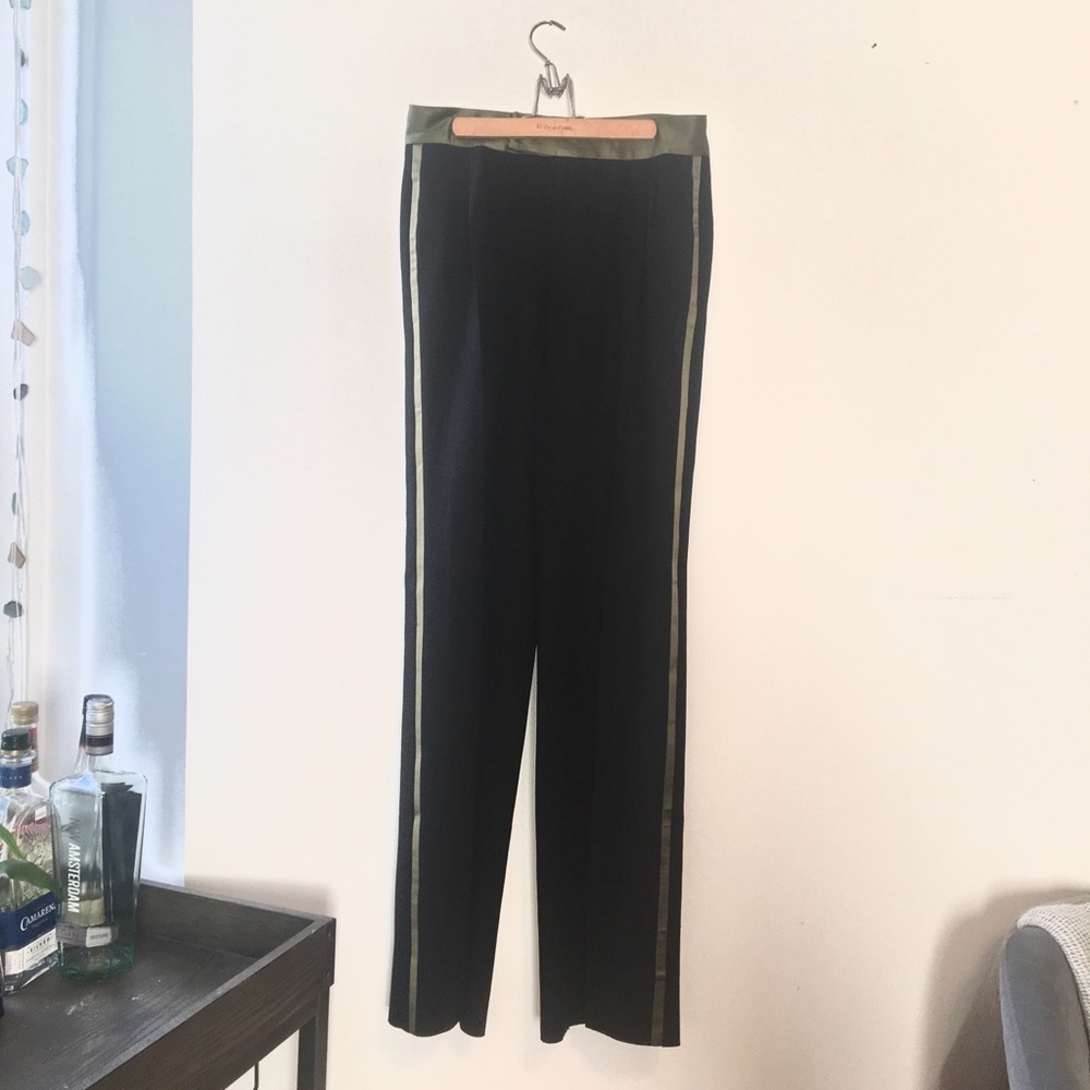 Wide leg pants, satin green track stripe